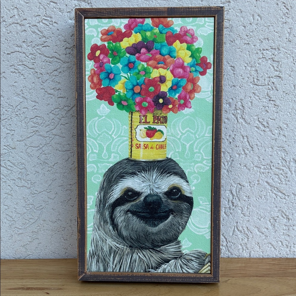 Heather Gruthier Sloth Wall Art with Flowers & Hat and El Pato salsa can